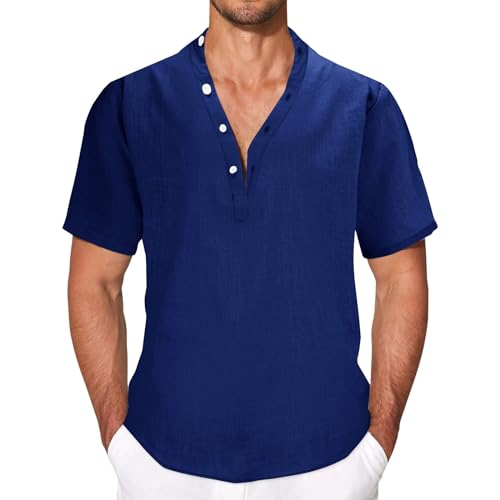 Camiseta Holgada de Verano de algodón y Lino de Manga Corta con Cuello y Botones Camiseta Transpirable Azul, Gris, Rosa, Gris (Blue, L)