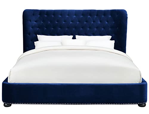 Tov Furniture The Finley Collection Contemporary Style Velvet Upholstered Button Tufted Wingback Bed With Nailhead Trim, King Size, Blue #TOP4