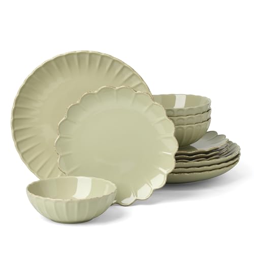 Image of Lenox Stoneware Dinnerware Sets, French Perle Scallop Matcha 12-Piece Dinnerware Set, Service For 4, Green Dishes Set for 4, Dishwasher Safe, Stoneware Dinner Plates and Bowls Sets (Green, 12 Piece)