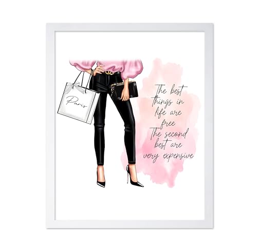 Image of Poster Master The Best Thing In Life Are Free Poster - Fashion Print - Trendy Art - Modern Art - Gift for Women & Fashionista - Funny Glamour Decor for Bedroom or Girl's Room, 16x20 White Framed
