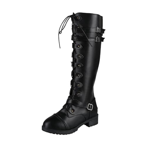 Traveltopp Women's Leather Lace-Up Knee Boots Fashion Studded Ankle Strap Trim Low Heel Knight Boots Winter Side Zipper Punk Combat Boots