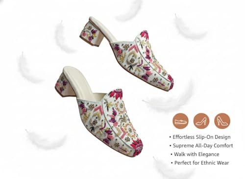 Image of Women's Hand-Embellished Floral Mules - Ornate Beaded Low Block Heel Slides - Artisanal Sequin & Threadwork Ethnic Party Shoes - Off-White /Magenta /Gold (UK Footwear Size System, Adult, Women, Numeric, Medium, 5)