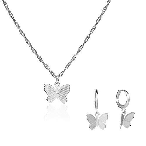 Preisvergleich Produktbild Juland Schmetterling Kettenhalskette Halskette Halsband Legierung Anhänger Kette Halskette Frauen Schmuck Colliers 11,8 + 3,9" Extender mit 1 Paar Ohrring Versilbert 2638