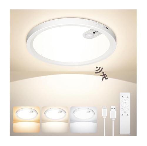 Uwithm Plafonnier Detecteur de Mouvement, Rechargeable de 7000mAh, 3 Températures de Couleur, Réglage de la Luminosité, Télécommande avec Minuterie,...