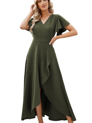 Image of Long Black Formal Dresses for Women Gowns Evening Party Cocktail Dress,Split Elegant V Neck Wrap Ruffle Wedding Guest Dresses