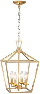 Untrammelife 4-Light Aged Gold Lantern Pendant Light, Adjustable Height Metal Geometric Light Fixture 12’’ Classic Cage Lantern Chandelier for Kitchen Island Hallway, Hand-Pasted Gold Foil Finish