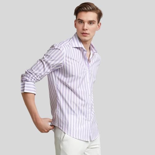 Image of IndoPrimo Men's Cotton Shirt with Full Sleeves Spread Collar Classic Style Striped Pattern Regular Fit and Standard Length