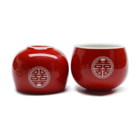 Liang baobao Chinese Wedding Tea cup 5oz Porcelain Teacup Red Cups Round Glaze Carving Double Xi for Tea Ceremony Wedding Party Home Decor (Double happiness cups 2pcs) Cover
