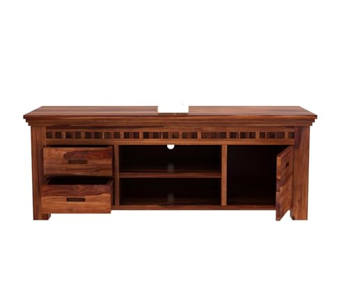 Image of Solid Sheesham Wood TV Unit for Living Room: 2 Drawers, 2 Shelves, and 1-Door Storage | TV Stand | TV Cabinet with Open & Close Storage for Living Room and Hotel Furniture | (Honey Finish)