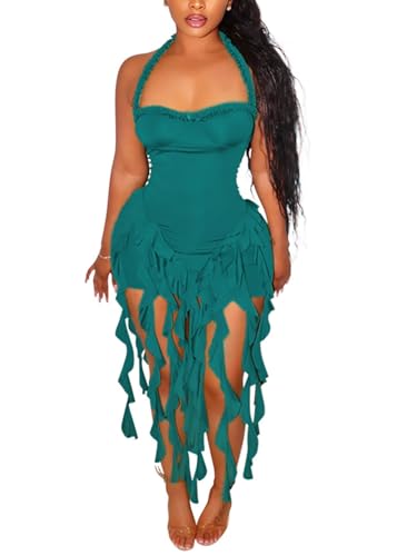 Image of Women's Sexy Fringe Ruffle Halter Neck Off Shoulder Bodycon Blackless Ruched Tassel Hem Mini Flowy Dress