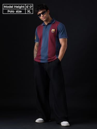 Image of The Souled Store FC Barcelona: Retro Men and Boys Short Sleeve Spread Collar Navy Blue and Maroon Colour-Block Embroidered Cotton Pique Regular Fit Polos