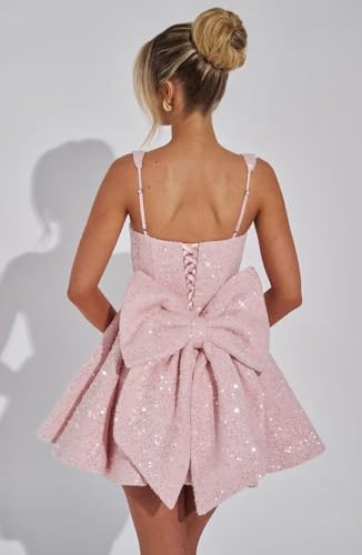 Wchecalino Square Neck Sequin Homecoming Dresses 2025 Short Spaghetti Strap Sparkly Cocktail Party Dresses with Bow3