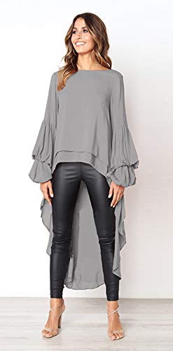 Prettygarden Women's Lantern Long Sleeve Round Neck High Low Asymmetrical Irregular Hem Casual Tops Blouse Shirt Dress (Grey,X-Large) #TOP2
