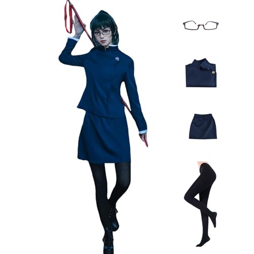 IOPBOT Anime JJK Jujutsu Zenin Maki Cosplay Costume Girls Women Japanese School Uniform Skirt Mai Dress Halloween Outfit with Glasses (blue01-1,L)