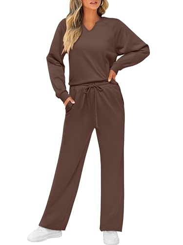 REORIA Damen V-Ausschnitt Jogginganzug Zweiteiler Trainingsanzug Hausanzug Sport Set Elegantes Outfit Lounge Set Kaffee L