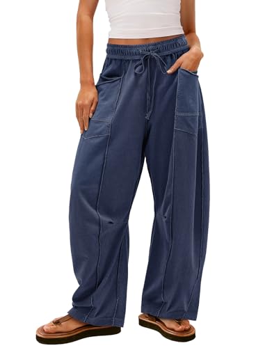 Yanekop Womens Baggy Wide Leg Pants Casual Fall Trousers Palazzo Pants Drawstring Waist Barrel Sweatpants with Pockets(Navy Blue M)