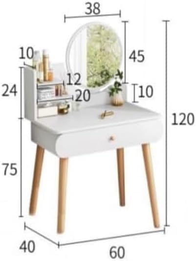 北欧風 木製 簡易ドレッサーセット 椅子＆LEDライト付き 三面鏡 化粧台 コンパクト収納 引き出し付き 60cm 幅 メイクデスク