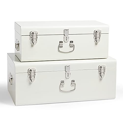 Beautify Storage Trunks, Set of 2 Cream Stainless Steel Storage Chests w/Silver Detailing, Stackable Bedroom Organisers w/Lockable Lids, Sturdy Multi-Purpose Bedding, Blanket & Toy Box