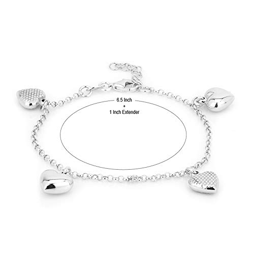 Vanbelle Sterling Silver Jewelry - Valentine Gift - Rhodium Plating Dangling Puffed Heart Charm Bracelets For Women And Girls - 6.5" Long With 1" Extender - Versatile Bracelet For Everyday Use #TOP3