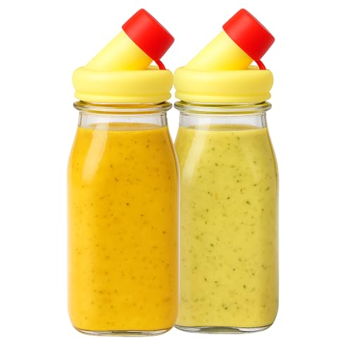 kitchentoolz Salad Dressing Shaker Bottle 12oz Glass Bottle with Silicone Pour Spout and Tamper-Proof Lid for Sauces and Marinades - Pack of 2
