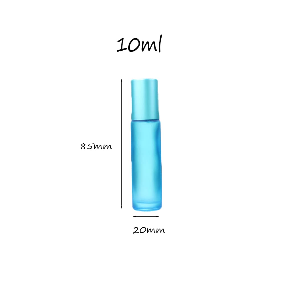 12 Bottiglie Vuote in Vetro Smerigliato da 10 ml per Oli Essenziali, Profumi, Balsami per Labbra (Azzurro) con Sfera in Acciaio Inox