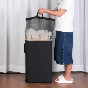 Iegrow 60L Slim Laundry Hamper With Lid,Black Hampers For Laundry,Narrow Laundry Basket With Removable Inner Bag & Bamboo Handles,Tall Thin Clothes Hamper For Clothes Toys Towels Organization #TOP5
