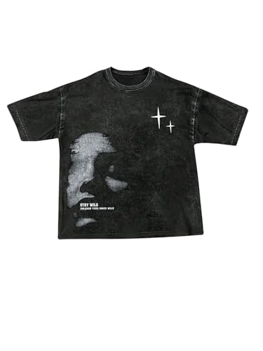 VIPWOLF Men's Graphic Oversized Short Sleeve Tee Shirt Y2K Vintage Cool Acid Wash Streetwear T-Shirts Black Graphic Medium