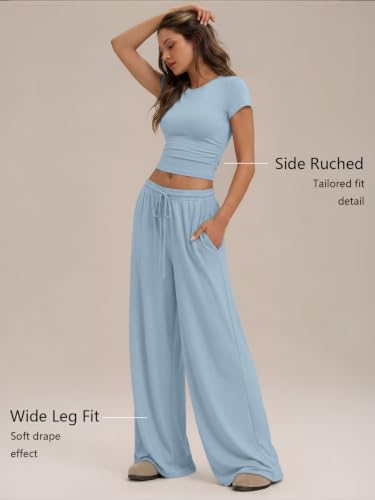 Image of Trendy Queen 2 Piece Matching Summer Lounge Set Womens Side Ruching Top Wide Leg Pants Sets with Pockets
