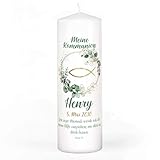 Striefchen® Personalisierte Kommunionkerze mit Fisch & Eukalyptus – Kerze zur Erstkommunion mit eigenem Text – Taufkerze in 2 Größen (L (8 x 25 cm))