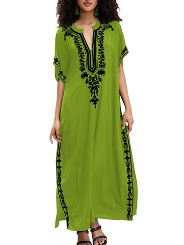 Women Embroidery Golden V Neck Arabic Dubai Kaftan Casual Beach Wear Cover Up Side Split Long Dress Green