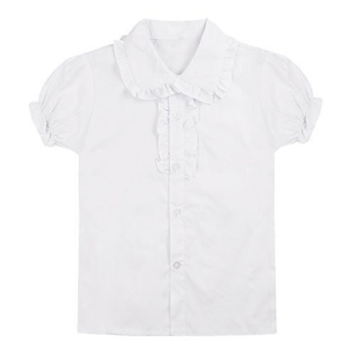 Yizyif Kids Girl's White School Uniform Shirt Tops Long/Short Sleeve Ruffle Collar Blouse For Little Or Big Girls Short Puff Sleeve 7-8 #TOP11