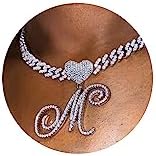 PTJDSMF Cursive Silver Initial Pendant Necklaces Alphabet Pendant Miami Cuban Link Chain Necklace for women Hip Hop Iced Out Letter Chain with Pendant Jewelry Gift… (Cuban Link Chain M)