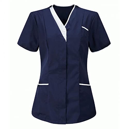 POLPqeD Ropa de Trabajo para Mujer Bata Casaca de Trabajo Señora Camiseta de Manga Corta Cuello V Parte Superior Casacas de Sanidad Uniforme Hospitalario Sanitarios Damas para Enfermeras S-3XL (P0331)