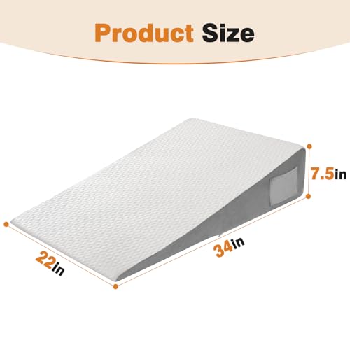 Image of Vekkia 34 inch Extra-Long Wedge Pillow, Back & Arm Support, Bed Wedge Pillow for Sleeping After Surgery, Acid Reflux, Snoring Relief, Removable Washable Cover & Double Side Pockets, 7.5 inch Height, Gray