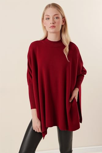 Image of Women's Crew Neck Batwing Sleeve Split Hem Oversized Knit Poncho Sweater