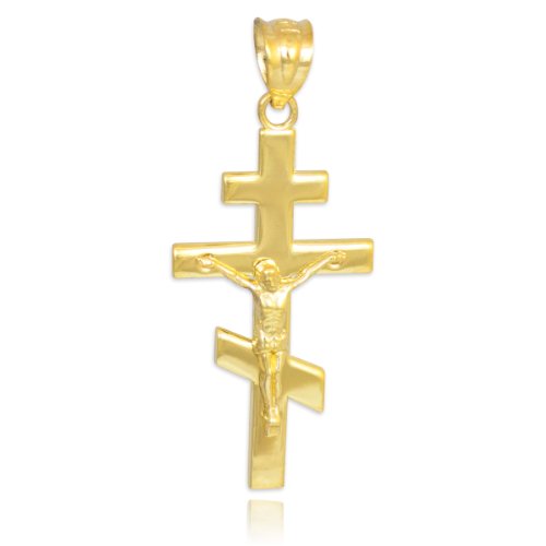 10K Yellow Gold Russian Orthodox Cross Crucifix Pendant #TOP19