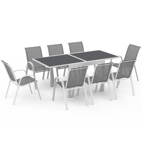 IDMarket - Salon de Jardin Poly Table Extensible 90-180 CM et 8 chaises Blanc et Gris
