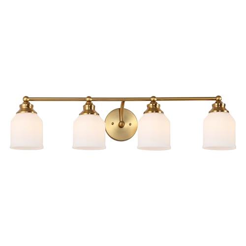 Image of JONATHAN Y 33.25 inch Brass Gold /White Modern Farmhouse LED Vanity Light Wall Sconce Fixture, Frosted White Glass Shade, Dimmable Wall Lamp for Bathroom Mirror Kitchen Sink, UL Listed (JYL7552B)