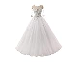 TANPAUL Brautkleid A-Linie Lang Tüll Perlen Glitzer Vintage Hochzeitskleid Langarm Rückenfrei Abendkleid Ballkleid Prinzessin Lang mit Schleppe Weiß 36