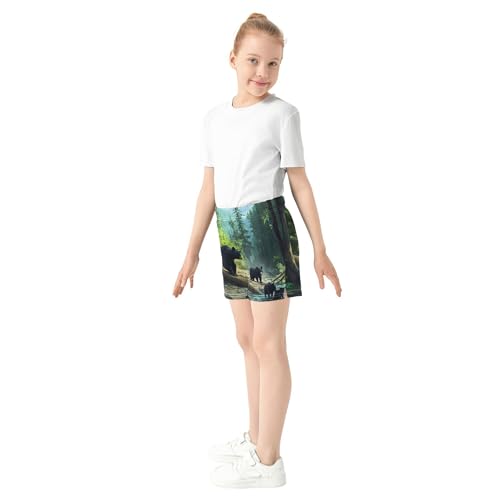 Girls Athletic Shorts Wild Bear Family Forest Stream Print Kids Soft Pajama Sleep Shorts Summer Clothes, X-Small4