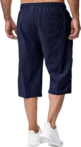 Lemosew Men's Linen Capri Pants Mens Linen Loose Pant Lightweight Elastic Waist Trouser Yoga Beach Pants A06-Deep Blue-Xxl #TOP2