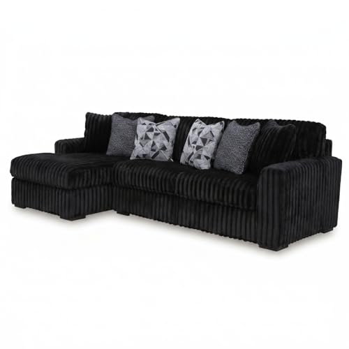 Image of Signature Design by Ashley Midnight-Madness 2-Piece Sectional Sofa with Chaise, Quick 5-Minute Assembly, L-Shaped Polyester Corduroy Couch for Living Rooms, 120 inch W x 65 inch D, Onyx Black