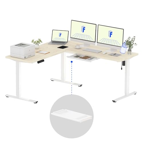 Image of FLEXISPOT L Shaped Standing Desk, 71 x 63 Inch Electric Height Adjustable Corner Desk, Sit Stand Computer Workstation, Preset Controller, Home Office, White Frame with Maple Top, White Drawer