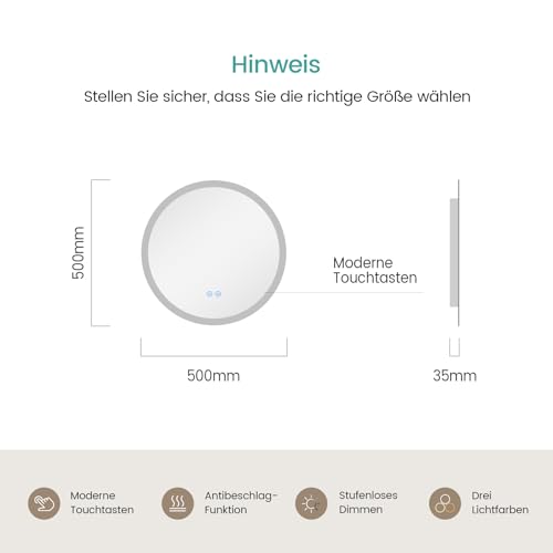 EMKE Badspiegel mit Beleuchtung Rund 50cm, Badezimmerspiegel mit dimmbarer Beleuchtung, 3 Lichtfarben, Antibeschlag, Touch-Schalter und Speicherfunktion, ideal für das Badezimmer 6