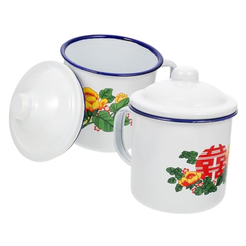 SOIMISS Tazza da Tè Retrò in Smalto 500ml Coperchio, Design Manico Isolante, Lavabile a Ampia Apertura, Set 2 Pezzi per Uso Domestico e Campeggio Stile Casuale
