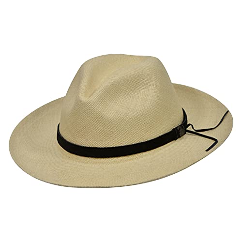 Original Panama Hat - Wide Brim Classic Fedora - Leather Band - Handmade in Ecuador by Ecua-Andino (Natural | Black Leather Band, XLarge | 60cm - 61cm)