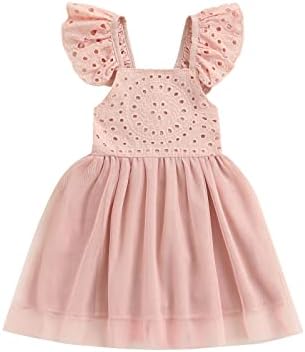Little Toddler Baby Girl Lace Square Neck Ruffle Short Sleeve Dress Princess Tulle Tutu Dresses Sundress Beach Summer Clothes (B-Pink, 18-24 Months)