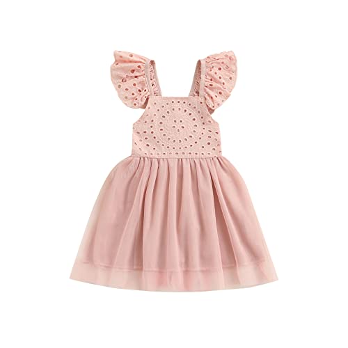Little Toddler Baby Girl Lace Square Neck Ruffle Short Sleeve Dress Princess Tulle Tutu Dresses Sundress Beach Summer Clothes (B-Pink, 18-24 Months) #TOP25