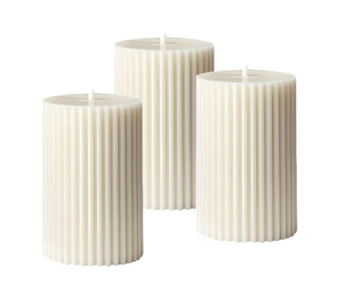 Luces White Soy Wax Pillar Candle Set Of 3 Pcs Ribbed Vanilla Sce...