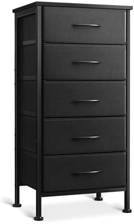 Casaottima Dresser for Bedroom with 5 Drawers, Small Dresser Chest of Drawers Fabric Dresser with Sturdy Steel Frame, Black